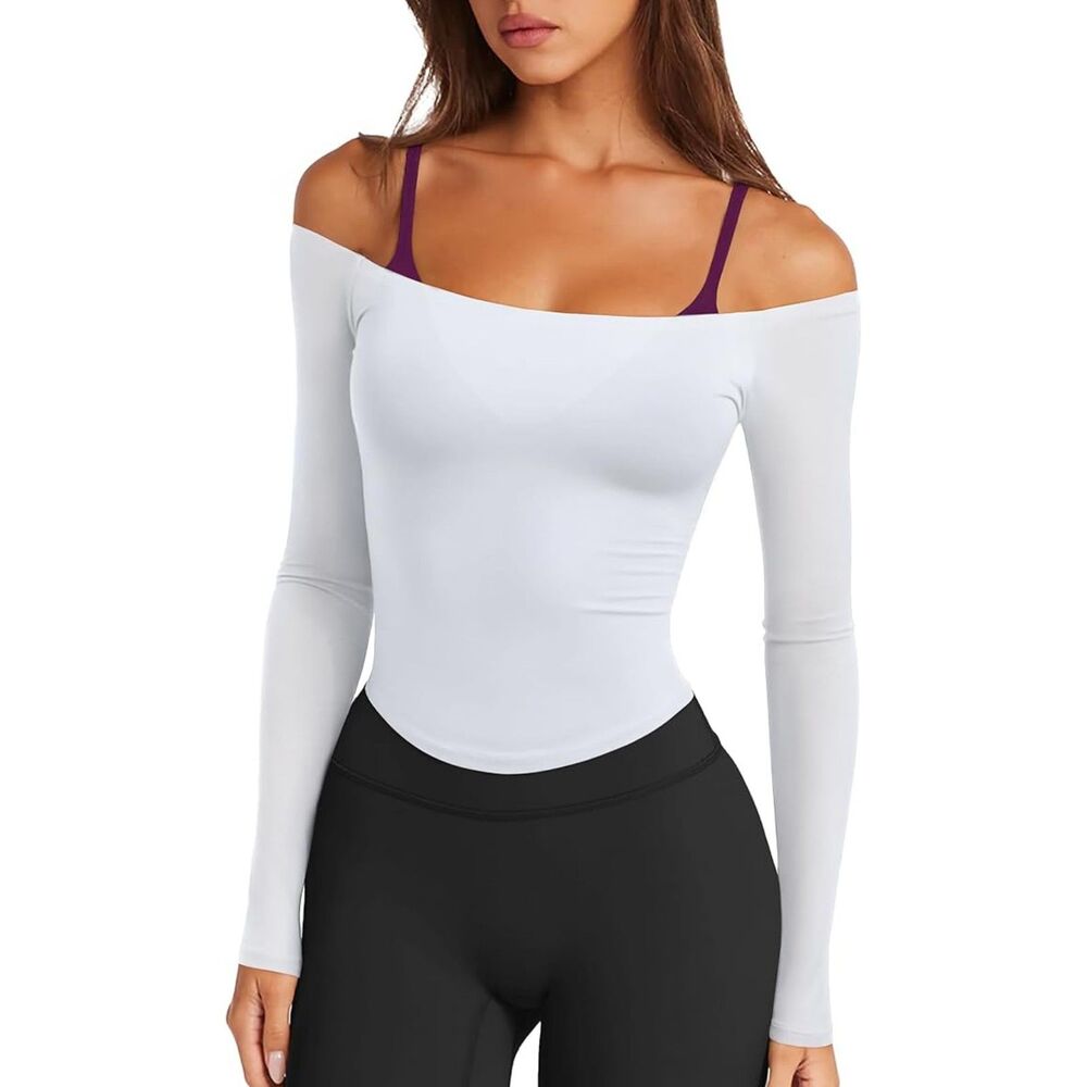 Womens White Long Sleeve Off The Shoulder Shirt, XL